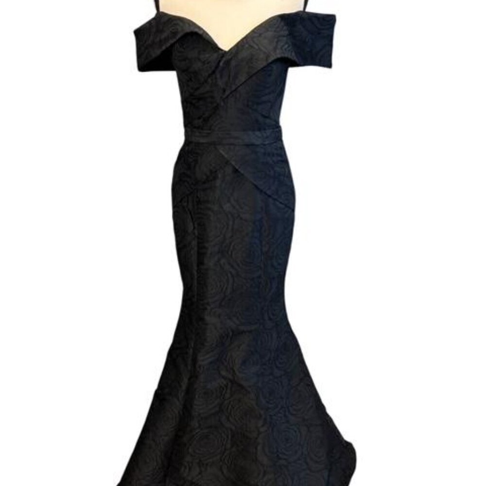 Jolene Black Floral Embroidered Off the Shoulder Gown